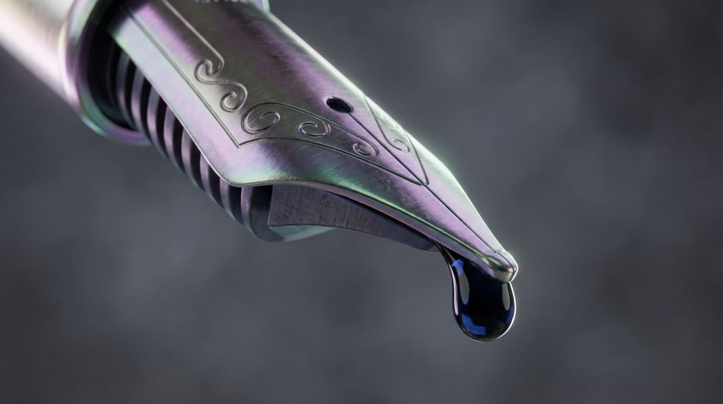 A fountain pen nib at extreme macro scale, a bead of dark ink forming at the tip