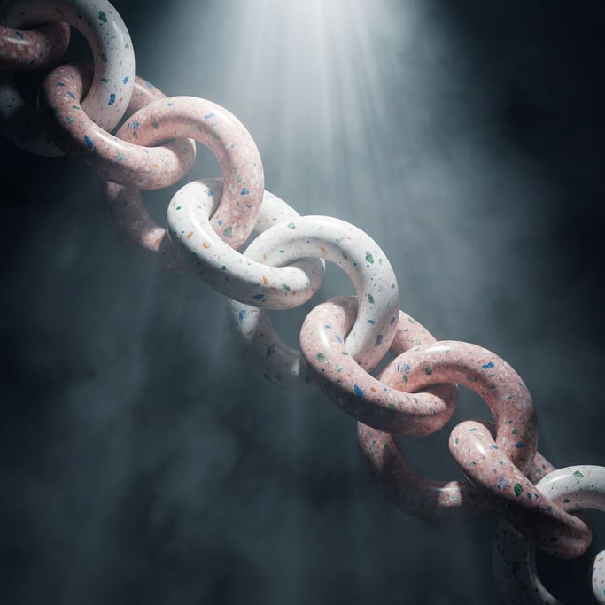 Interlocking torus knots forming a continuous chain, suspended in a void, smooth and sculptural (is7pupat)