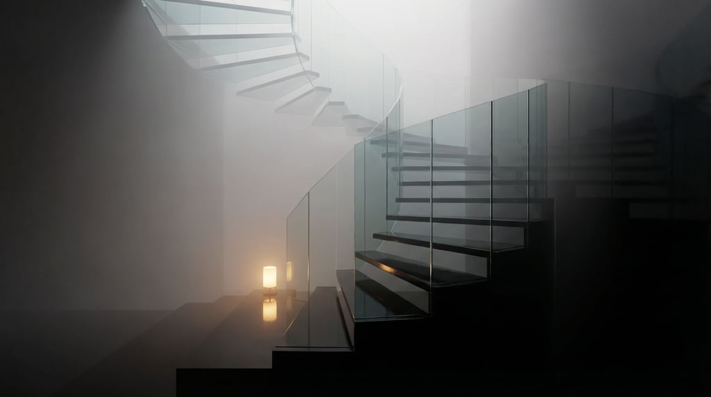 A spiral staircase made of translucent glass panels, ascending into soft fog above (mfgmx0of)