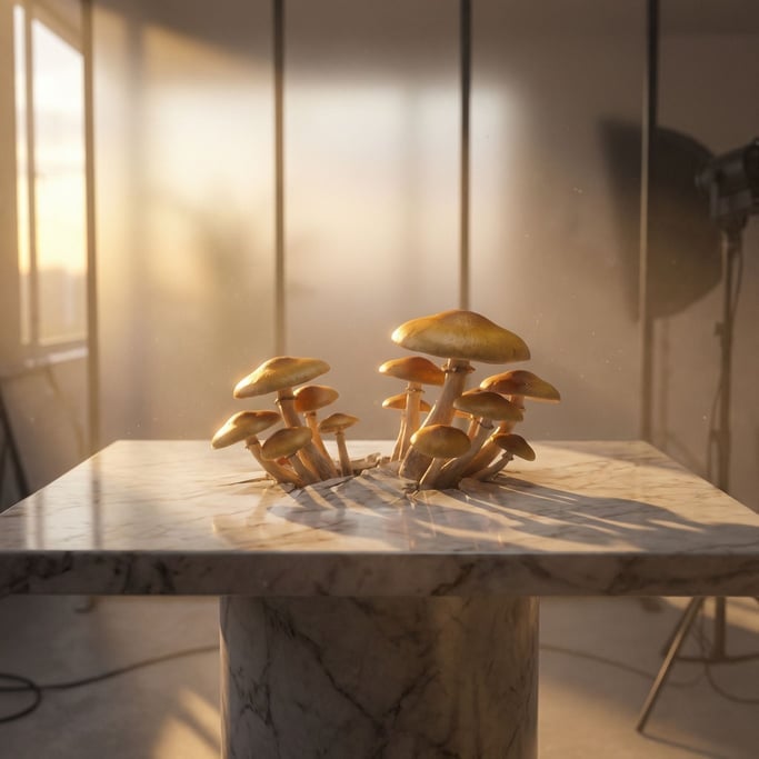 Mushrooms growing from a polished marble surface, organic caps pushing through refined stone (h1r9ixao)