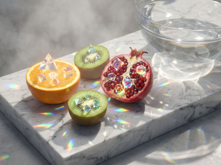 Fruits sliced in half revealing geometric crystal interiors instead of seeds and flesh