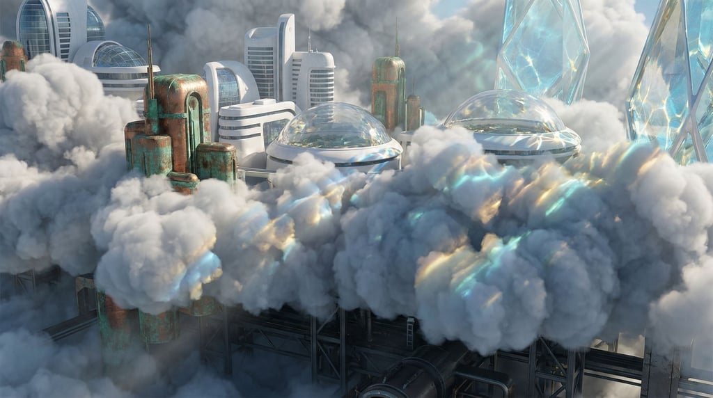 A city built on clouds, white modernist buildings perched on cumulus formations (plzugc8b)