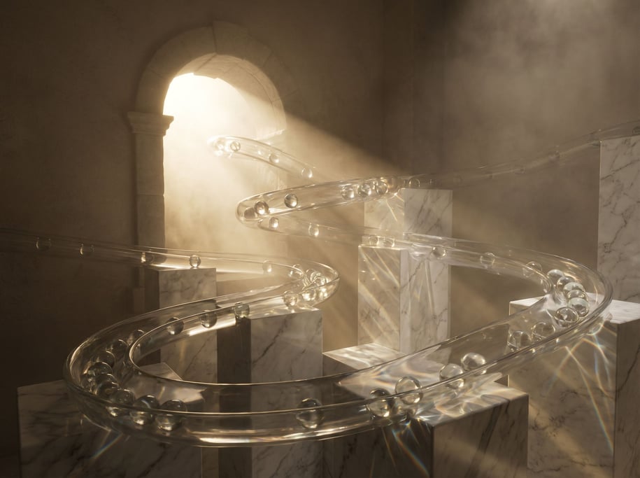 Glass marbles rolling through a transparent tube marble run, refraction and caustics everywhere (wadev5)