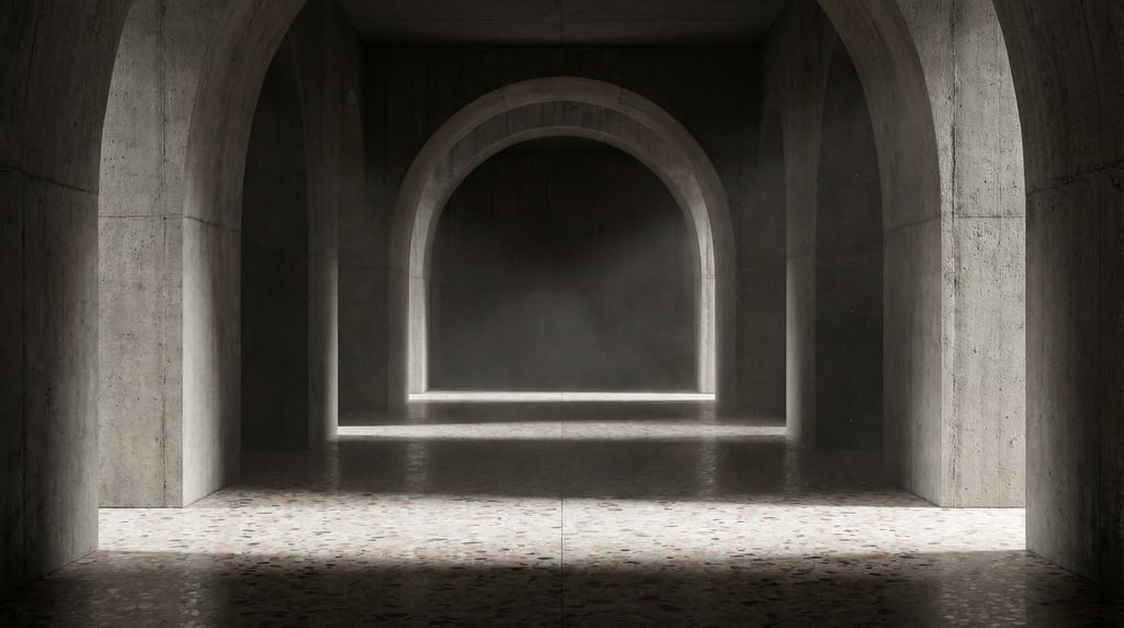 A brutalist concrete interior with dramatic arched doorways receding into shadow, monumental scale (pqlwmqp)