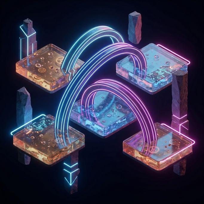 Floating stone platforms connected by impossible bridges, gravity-defying architecture in a void (07nx0dhz)