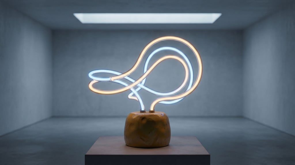 Neon glass tubes bent into flowing abstract forms, glowing softly in a dark environment