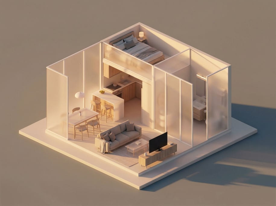 Isometric tiny apartment interior, every room visible from above (mt9tdpyp)
