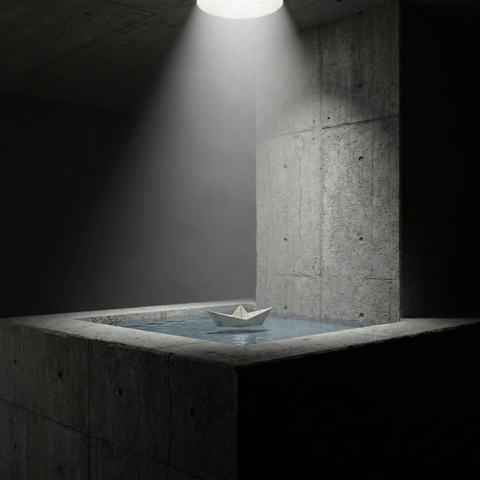 A paper boat floating on a small pool of still water on a concrete surface, tiny and contemplative (sjfkjz)