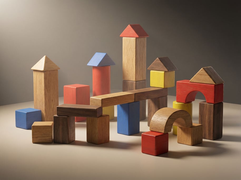Wooden building blocks arranged as a miniature cityscape, primary-colored towers and bridges (q9p9fmzo)