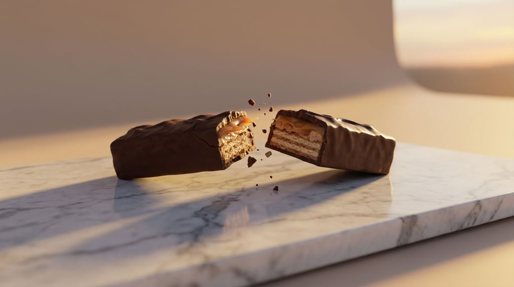 A chocolate bar snapping apart in slow motion, clean fracture lines revealing inner layers (4z3ez6y)