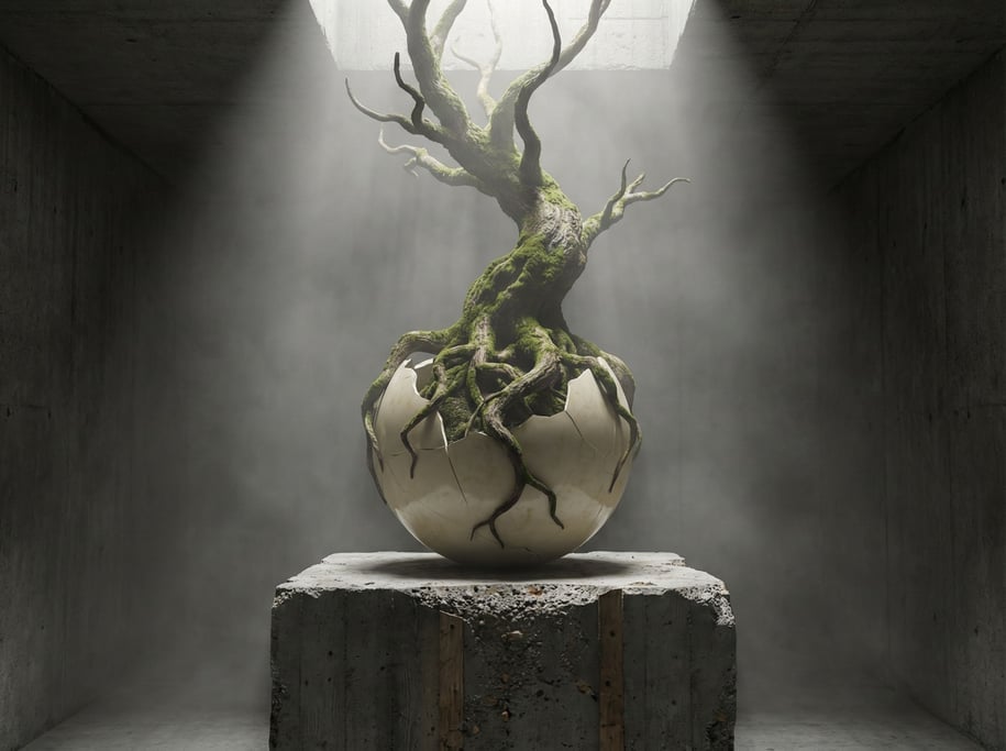 A tree growing from a cracked porcelain sphere, roots wrapping around the broken shell (9te0rgee)