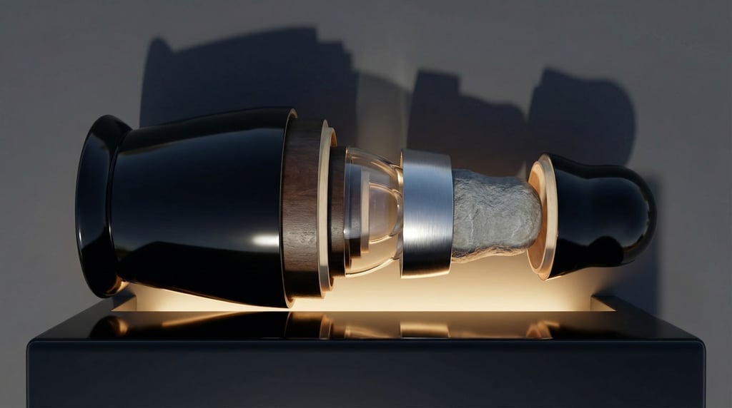 A set of Russian nesting dolls partially opened, each layer a different material: wood, glass (rnny)