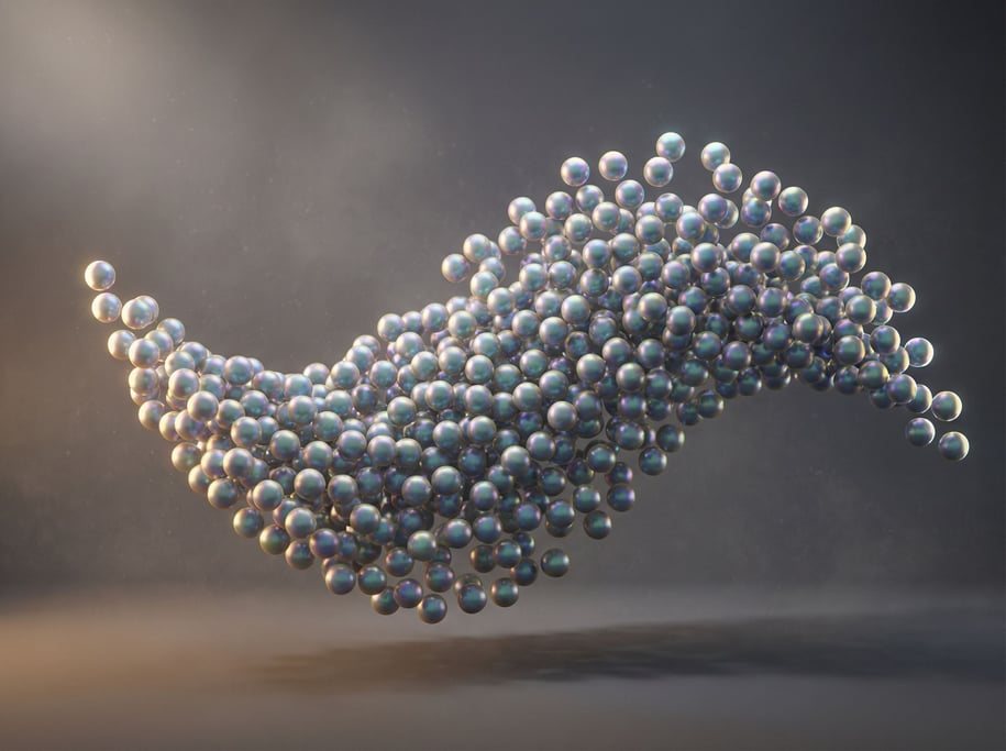 Hundreds of tiny spheres arranged in a wave formation, particle simulation frozen mid-flow (0lrejeww)