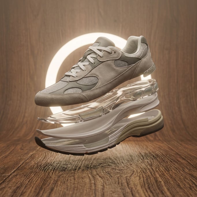 A sneaker deconstructed into floating parallel layers showing every material in the sole and upper (r2a8p19)