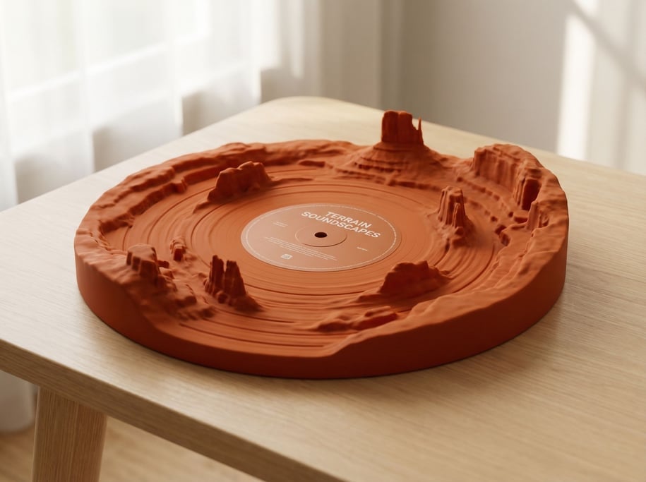 A vinyl record with grooves exaggerated into a deep canyon landscape, music made physical terrain