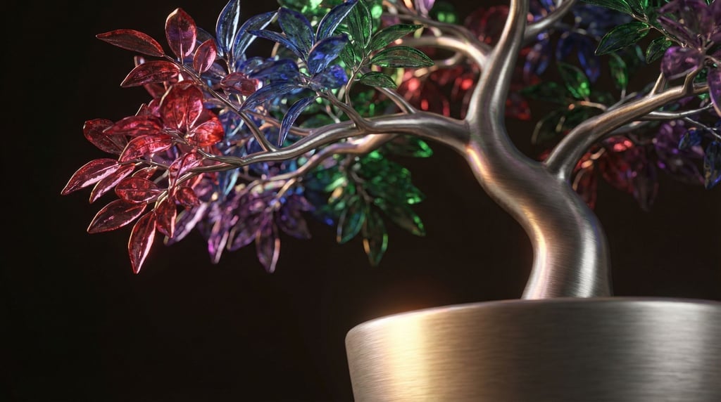 A bonsai tree with leaves made of thin colored glass, delicate and luminous, casting colored shadows (xso1mugq)