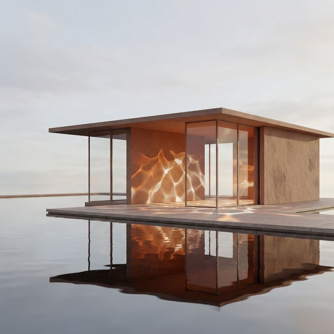 A modernist glass pavilion sitting in a perfectly still reflecting pool, minimal and serene (fvrwkzly)