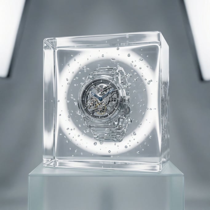 A wristwatch suspended among frozen water droplets, time stopped literally and figuratively (pm11bbee)