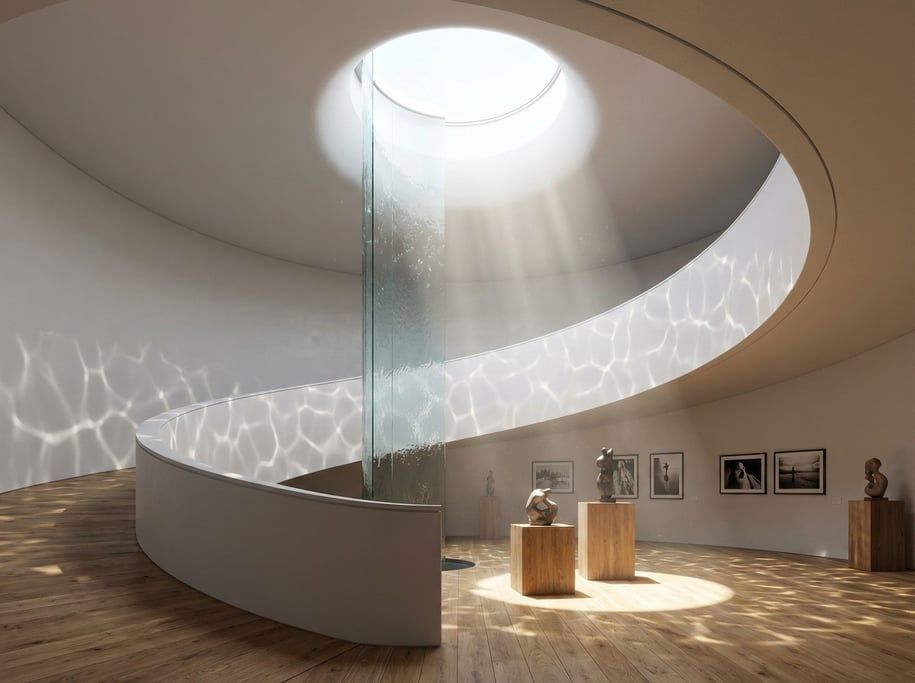 A spiral ramp gallery interior, smooth white curved walls (ete0rsjl)