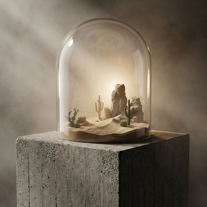 A miniature desert landscape enclosed in a glass dome, sand dunes and tiny cacti under curved glass (ftljdph)