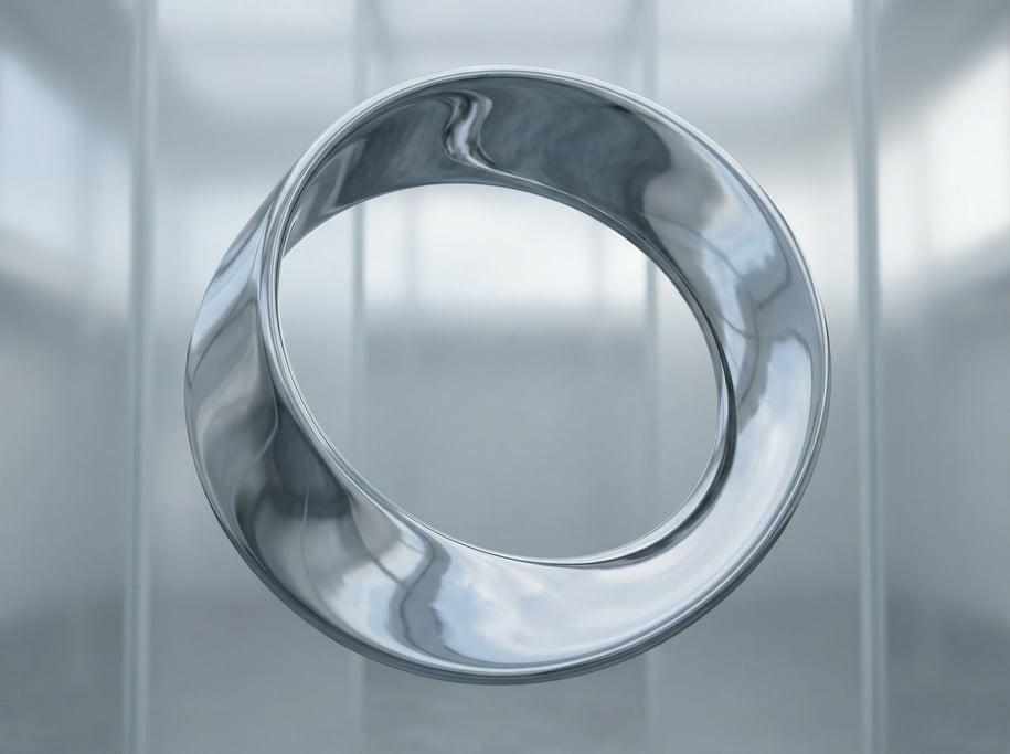 A Mobius strip made of polished chrome, twisted surface catching environmental reflections (tptcyyo)