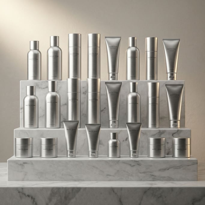 Cosmetic tubes and bottles arranged in a precise grid on stepped marble platforms, premium feel (ikgyavn)