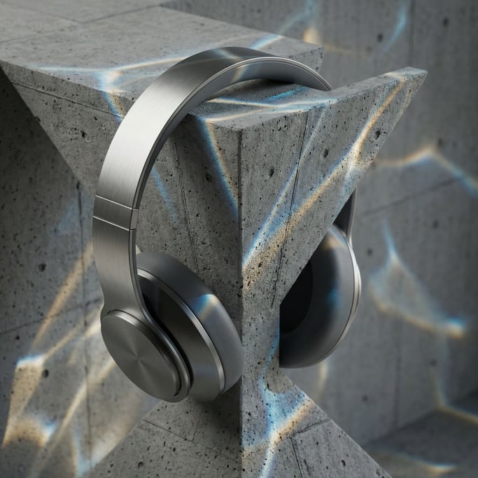 Minimalist headphones resting on a geometric concrete stand, product showcase with precise placement (mg)