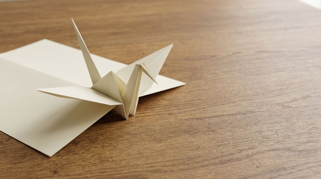 Origami crane mid-fold, crisp paper caught between flat sheet and finished form, transitional state (wsqhempr)