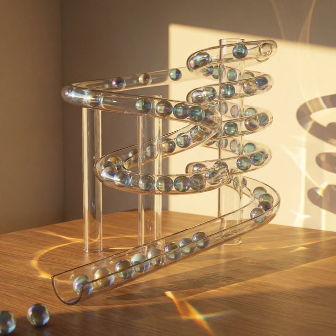 Glass marbles rolling through a transparent tube marble run, refraction and caustics everywhere (ojv9sazg)