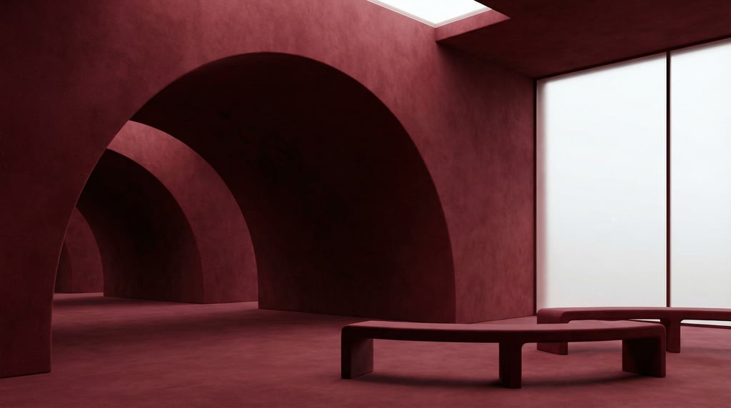 A brutalist concrete interior with dramatic arched doorways receding into shadow, monumental scale (dkjpmjb)