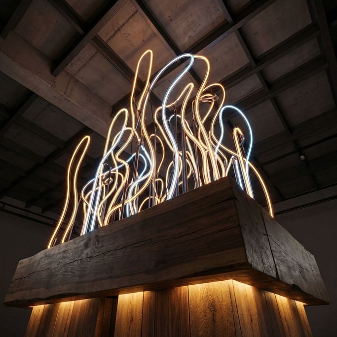 Neon glass tubes bent into flowing abstract forms, glowing softly in a dark environment (hg)
