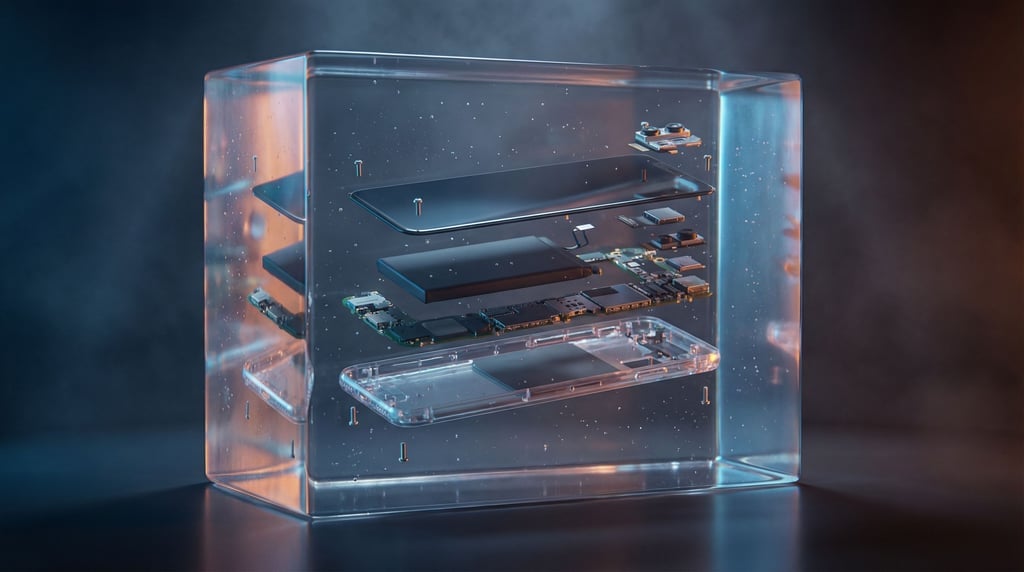 A smartphone exploded view, every component hovering in its correct position, layered transparency (0pnxxslp)