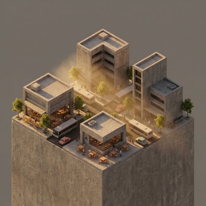 Isometric city block with cafes, trees, and tiny vehicles, warm toy-like scale, afternoon shadows (gni6e48x)