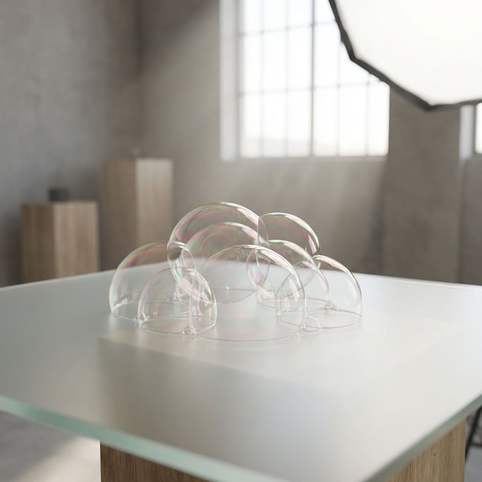 Soap bubbles clustered together, iridescent surfaces reflecting the studio environment
