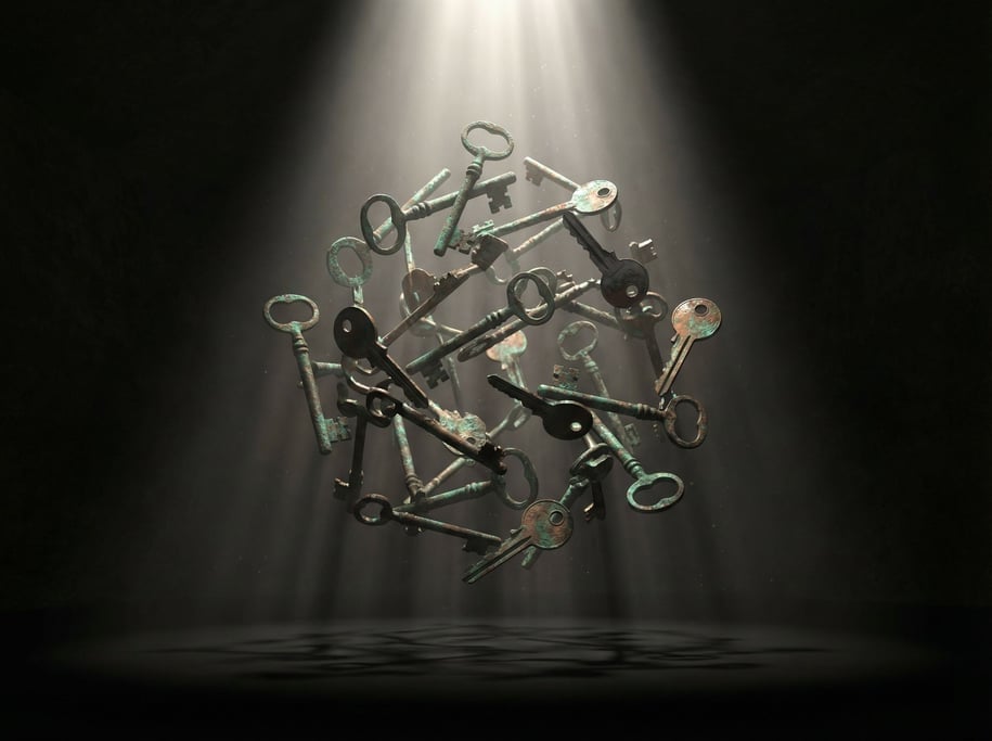Keys of all shapes and sizes floating in a cloud formation, old skeleton keys and modern keys mixed