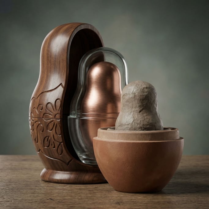 A set of Russian nesting dolls partially opened, each layer a different material: wood, glass (r1sfgvd)