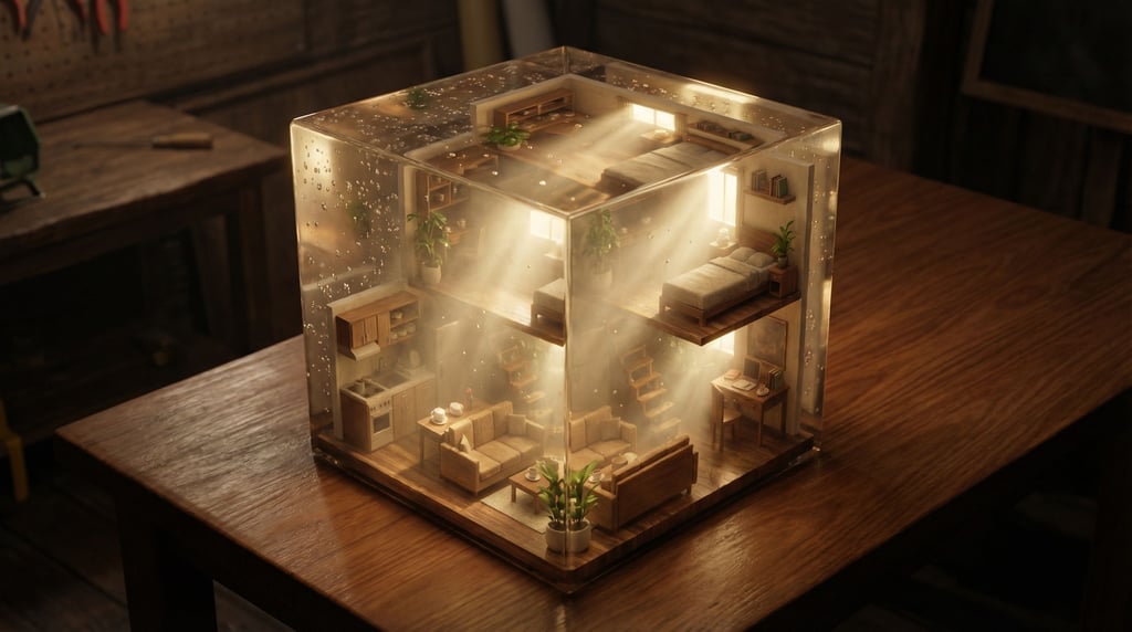 Isometric tiny apartment interior, every room visible from above (ufyxiplj)