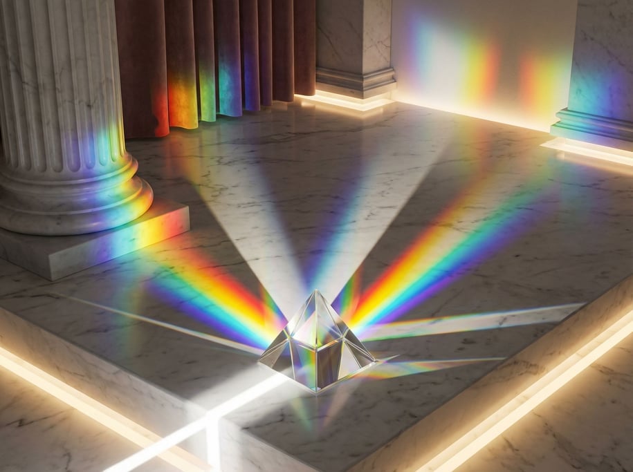 A prism splitting a beam of white light into a full spectrum (c9c2uz1a)
