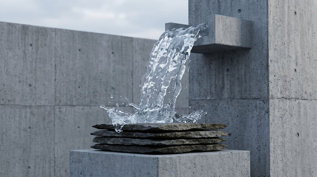 Water simulation frozen mid-pour over stacked stone plates (zzgzxv8)