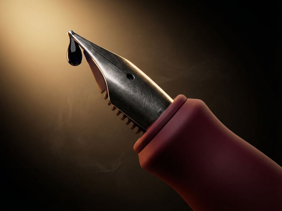 A fountain pen nib at extreme macro scale, a bead of dark ink forming at the tip (xlj7be8s)