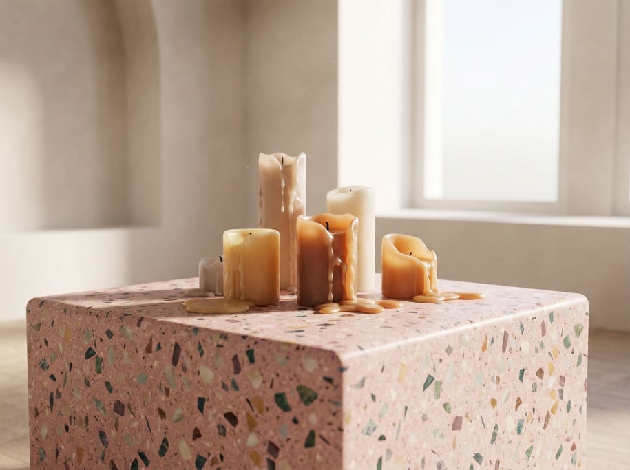 Candles at various stages of melting, wax pooling and dripping, frozen in time, warm tones (fknkngnw)