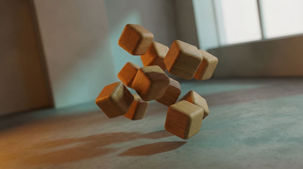 A cluster of soft rounded cubes floating in mid-air, scattered like dice frozen mid-throw