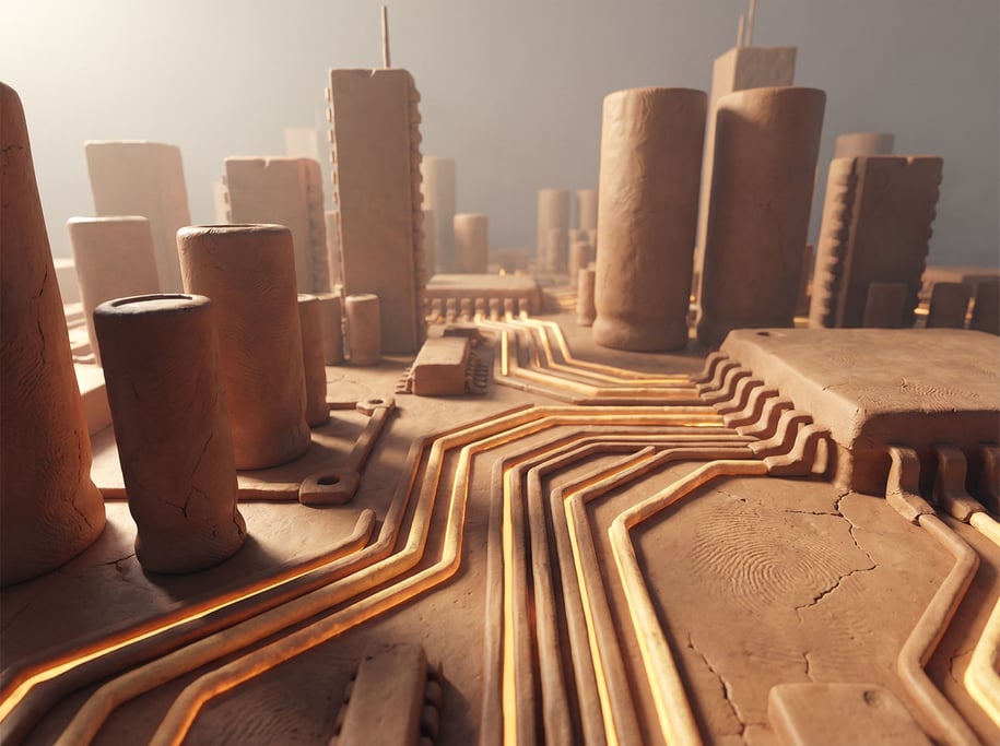 A motherboard reimagined at city scale, circuit traces as lit highways, capacitors as skyscrapers (rhhcyncx)