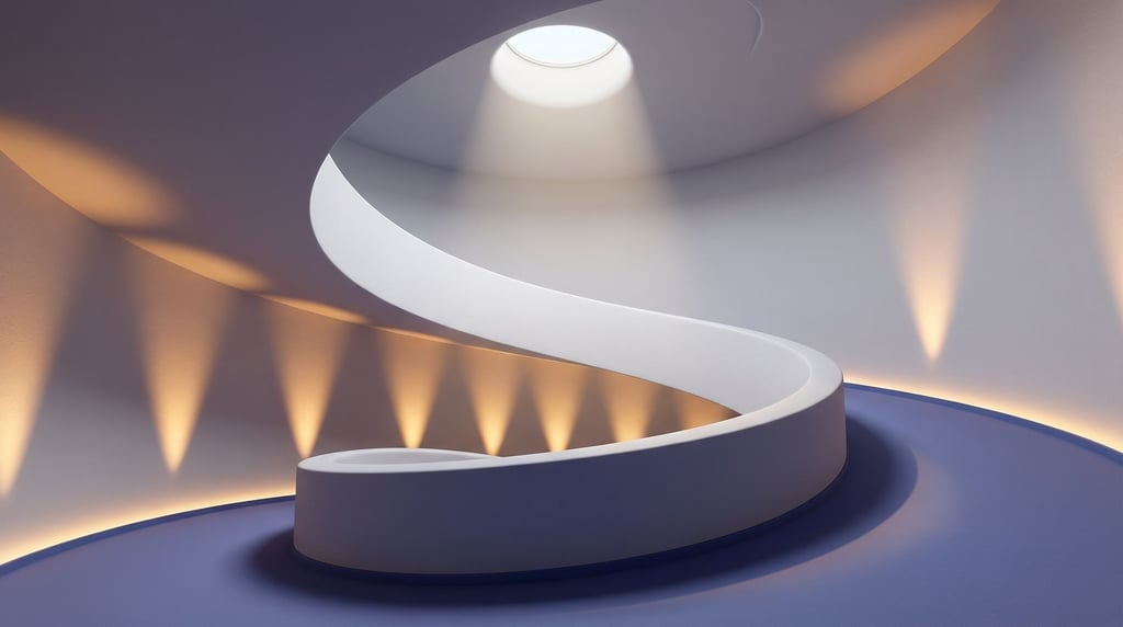 A spiral ramp gallery interior, smooth white curved walls (kbdhjypc)