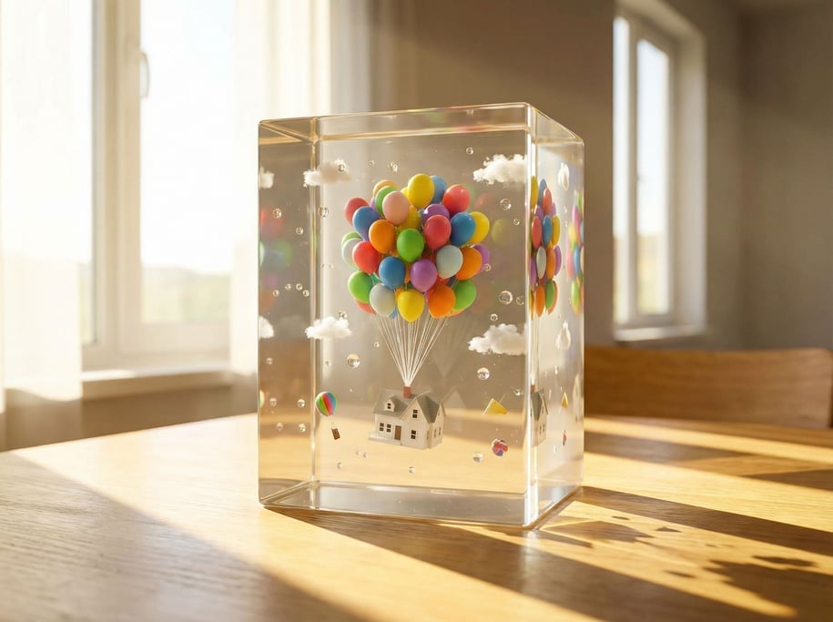 A cluster of balloons carrying a small white house upward, strings trailing below, whimsical ascent