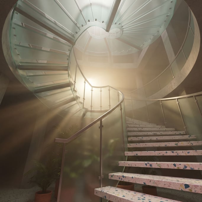 A spiral staircase made of translucent glass panels, ascending into soft fog above (jev3apb9)