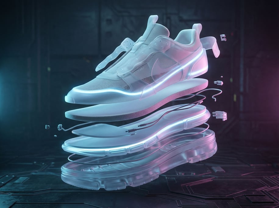 A sneaker deconstructed into floating parallel layers showing every material in the sole and upper (mrfnzkbk)