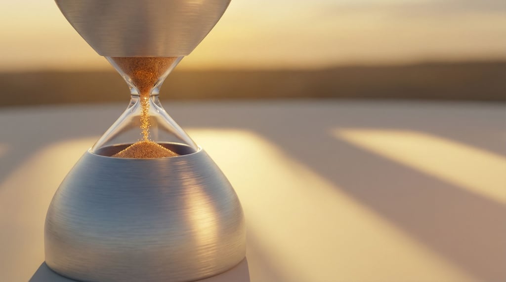Sand flowing through an hourglass, each grain individually visible, time made tangible (lbciytbo)