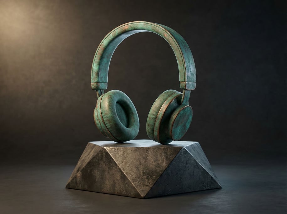 Minimalist headphones resting on a geometric concrete stand, product showcase with precise placement (2uith7a)