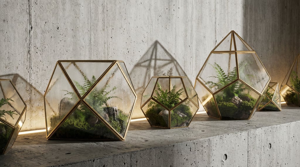 Geometric glass terrariums containing tiny ecosystems, brass frames, condensation on the inside (ohihzepc)